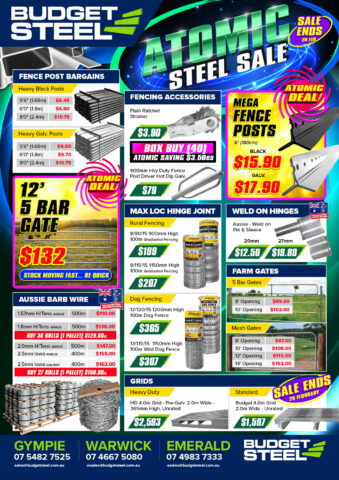 Budget Steel Atomic Steel Sale brochure featuring fencing posts, gates, accessories and farm products
