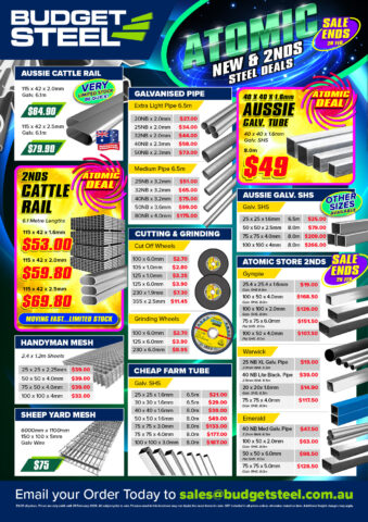 Budget Steel Atomic Steel Sale brochure with new and second grade steel including pipe, SHS and RHS, Cattle Rail