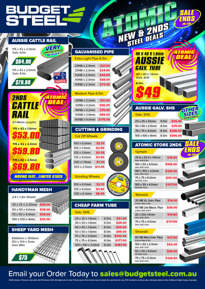 Budget Steel Atomic Steel Sale brochure with new and second grade steel including pipe, SHS and RHS, Cattle Rail