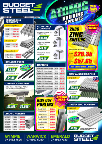Budget Steel Atomic Building Specials brochure with reinforcing mesh, roofing and building steel